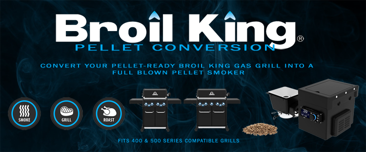 Broil King pellet conversion kit advertisement with grill and smoker components on a dark background.