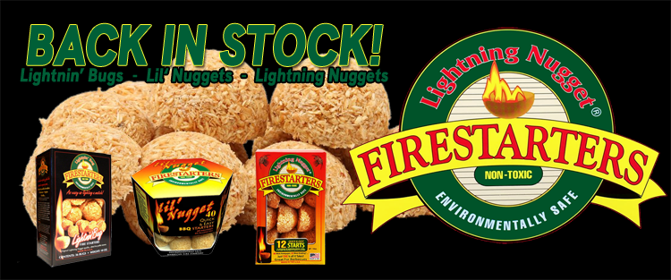 Promotional graphic for Lightning Nugget Firestarters showing several round tan fire starter clumps, three product boxes, and a large circular Lightning Nugget Firestarters logo on a black background with green 'BACK IN STOCK!' text.