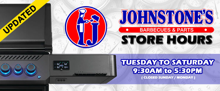Promotional banner for Johnstone's Barbecue & Parts Store Hours, featuring a partial view of a black grill on the left, the Johnstone's logo in the center, and store hours information on a purple background on the right.