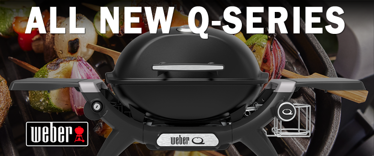A Weber Q-Series gas grill centered in the frame, with large white text reading 'ALL NEW Q-SERIES' across the top and a Weber logo at the bottom left. The grill is black with small silver accents, and the background shows blurred grilled skewers.